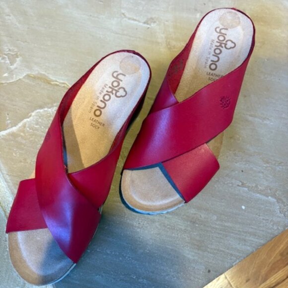 New Yokono Candela Red Leather Cork Wedge Slide Sandals Made in Spain Size 9.5 - Picture 2 of 7